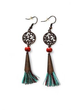Bohemian Tassel Drop Earrings with Red Bead and Teal Threads